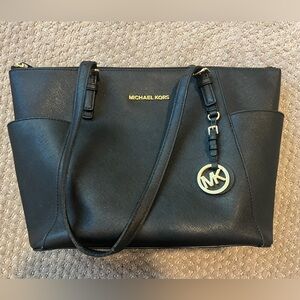 Michael Kors Black Leather Tote with Gold Accents
